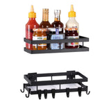 1 x RAW Customer Returns YunNasi Spice Rack No Drilling Kitchen Shelf Black Metal 2 Tier with 8 Removable Hooks Wall Shelf for Gluing Morden Design for Kitchen Bathroom Balcony Black, 25cm  - RRP €19.99