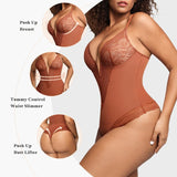 1 x RAW Customer Returns Popilush Shaping Bodysuits Women s Slimming Thong Body Shaper Deep V-Neck Hip Enhancer Shapewear Bodysuit Brown - RRP €69.99