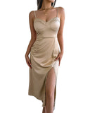 1 x Brand New BebreezChic Satin Dress Women Spaghetti Straps Midi Dress Sleeveless Backless Draped Summer Dress Party Dress with Slit, Khaki XL - RRP €33.99