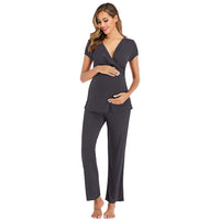 1 x RAW Customer Returns rismart Two Piece Maternity Pajamas Women s Nightgown Nursing Short Sleeves Tops and Pants Set Dark Grey,XL  - RRP €26.38