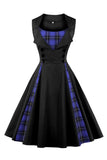 1 x RAW Customer Returns AXOE women s 50s dress rockabilly elegant festive cocktail dress party dresses vintage for wedding knee-length black with blue tartan pattern, size 44, XXL - RRP €37.99