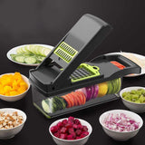 1 x RAW Customer Returns Vegetable Cutter, multifunctional vegetable cutter for dicing, grating slicing fruit and vegetables, 7 interchangeable stainless steel blades, protein separator, collecting container, finger guard, cleaning blade - RRP €8.44