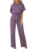 1 x RAW Customer Returns Dokotoo Women s Short Sleeve Long Jumpsuit Elegant Overall Jumpsuits O-Neck Playsuit Summer Trouser Suit with Belt Purple L - RRP €50.41