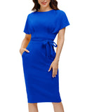 1 x RAW Customer Returns JASAMBAC Women s Bodycon Dress Office Work Dress with Pocket Belt Royal Blue, Large  - RRP €32.26