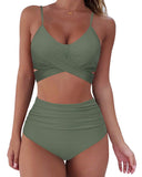 1 x RAW Customer Returns RXRXCOCO Women s Wrap Push Up Bikini Top with Tummy Control High Waist Bikini Set Swimwear Army Green Size M - RRP €36.29