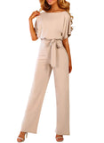 1 x RAW Customer Returns Dokotoo Women s Long Sleeve Jumpsuit Elegant Jumpsuit O-Neck Sexy Backless Pants with Belt Apricot S - RRP €49.99