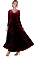 1 x RAW Customer Returns Urban GoCo Women Dresses Vintage V-Neck Long Sleeve Velvet Dress Evening Prom Dresses L, Wine Red  - RRP €57.23