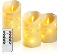 1 x RAW Customer Returns Warm White Flameless LED Candles with Built-in LED String Lights, 4 5 6 LED Candles Set of 3 with 10-Key Remote Control and Timer Function, Yellow - RRP €27.99