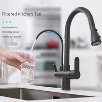 1 x RAW Customer Returns Onyzpily Pure Water Kitchen Faucet with Pull Out Double Handle Hot and Cold Drinking Water 3 Way Filter Kitchen Mixer Taps Black - RRP €75.64