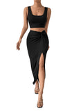 1 x RAW Customer Returns GORGLITTER summer two-piece set women s leisure suit with tank top and skirt 2-piece outfitwear skirt holiday top midi skirt set with slit black S - RRP €30.24