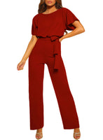 1 x Brand New Dokotoo Women s Short Sleeve Long Jumpsuit Elegant Overall Jumpsuit O-Neck Playsuit Backless Sexy Trousers with Belt Red L - RRP €49.99