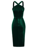 1 x RAW Customer Returns Belle Poque Women s Christmas Dress Pencil Dress Bodycon Velvet Dress Halter Sheath Dress Cocktail Dress Party Dark Green S - RRP €28.22