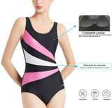 1 x Brand New LULUWINGX Women s One-Piece Swimsuit with Three Front Splice Swimwear Deep U-Back Swimwear Large, Black  - RRP €28.58