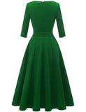 1 x RAW Customer Returns DRESSTELLS women s dress festive knee-length registry office cocktail dress long-sleeved festive party dress with belt retro pleated skirt knee-length midi-length green XS - RRP €48.99