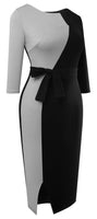 1 x RAW Customer Returns HOMEYEE Women s Elegant V-Neck 3 4 Sleeve Contrast Color Bodycon Split Knee Length Business Pencil Dress B689 L, Gray Black  - RRP €34.0