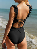 1 x RAW Customer Returns Summer Mae Women s One-Piece Swimsuit V-Neck Ruffle Tummy Control Monokini Black L - RRP €40.33