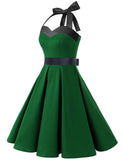 1 x RAW Customer Returns DRESSTELLS Vintage Dress Women Halterneck 1950s Retro Rockabilly Dresses Petticoat Pleated Skirt Cocktail Formal Dresses Green Black M - RRP €35.99