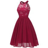 1 x RAW Customer Returns Evening dresses elegant for wedding ladies 50s rockabilly halter neck swing lace chiffon dress festive graduation dress wedding dress cocktail dress Christmas New Year s Eve short party dress wine red S - RRP €39.99