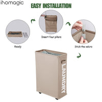 1 x RAW Customer Returns IHOMAGIC 40L Thin Storage Basket with Handles, Fabric Laundry Hamper Collapsible Narrow Laundry Basket with Wheels, Slim Portable Dirty Clothes Basket for Toys, Towels, Blankets Khaki  - RRP €25.01