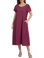 1 x RAW Customer Returns TOMEEK Summer Dress Women Linen Dresses Round Neck Casual Women Dresses Summer Short Sleeve Leisure Dress with Pockets Beach Dresses Boho Long Knee Length Purple, L  - RRP €23.38