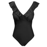 1 x RAW Customer Returns heekpek Women s Swimsuit V-Neck Bikini One Piece Swimsuit Sexy Ruffle Figure-Shaping Beachwear Printed Vintage High Waist Bikini Monokini Women, Pure Black, L - RRP €34.99