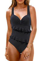 1 x RAW Customer Returns JFAN Women s Swimsuits One Piece Swimsuits Push Up Bandeau Bikini with Ruffles Reducer Flat Belly Black M - RRP €22.8