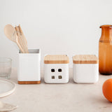 1 x RAW Customer Returns KOOK TIME accessory set for kitchen - incl. 1 x salt jar with lid and 1 x garlic jar and 1 x kitchen utensil holder - ceramic matt white and bamboo - RRP €49.99