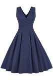 1 x RAW Customer Returns Babyonlinedress Women s Retro Evening Dress Ball Gown Cocktail Dress Short Vintage 40 50 V-neck without Sleeves with Belt Bow Made of Cotton, Dark Navy Blue, X-Large - RRP €27.6