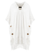 1 x Brand New Ferand Casual poncho hooded cape with decorative buttons for women, one size, white - RRP €25.99