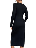 1 x RAW Customer Returns GORGLITTER figure-hugging dresses women s ribbed knit midi casual dress long-sleeved T-shirt dress with slit autumn dress with scoop neck black XS - RRP €31.25