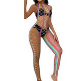 1 x Brand New HOTSO Rainbow Fishnet Bodystocking, Open Crotch Bodysuits Lingerie Sexy Tights Bikini Cover Up Long Sleeve Negligee Mini Dress for Beach Husband Girlfriend Honeymoon Style B  - RRP €27.6