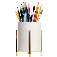 1 x RAW Customer Returns Leoyee pencil quiver, gold pencil holder with sturdy metal frame, with white ceramic pencil holder, desk organizer, makeup brush holder and kitchen utensils holder golden  - RRP €15.12