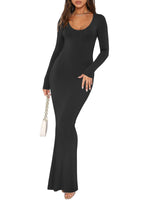 1 x RAW Customer Returns REORIA Women Sexy Maxi Dress Round Neck Long Sleeve Ribbed Bodycon Dress Black M - RRP €24.0