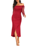 1 x RAW Customer Returns Geahod Evening Dress for Women Elegant Off Shoulder Sheer Mesh Sleeve Cocktail Dress Wrap Slit Bodycon Maxi Dress Wedding Dress Red X-Large - RRP €27.6