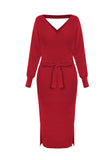 1 x RAW Customer Returns Viottiset Women s Elegant Dress Tunic Sexy V-Neck Long Sleeve Pullover Dress Maxi Dress with Belt Red M - RRP €44.36