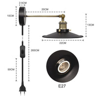 1 x Brand New ENUETEK Vintage Wall Lamp Black, Indoor Industrial Wall Light with E27 Lamp Socket and 22CM Lampshade for Bedroom, Hallway, Wall Lamp with Plug and Power Cord, Bulb Not Included - RRP €21.98