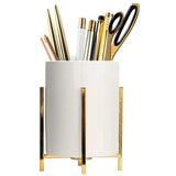 1 x RAW Customer Returns Leoyee pencil quiver, gold pencil holder with sturdy metal frame, with white ceramic pencil holder, desk organizer, makeup brush holder and kitchen utensils holder golden  - RRP €15.12