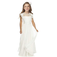 1 x RAW Customer Returns Boho Long Children s Lace Dress Chiffon Dress with Belt and Short Butterfly Sleeves Chic A-Line Communion Dresses Bridesmaids Dresses Flower Girl Dresses for Girls Ivory, 6-7 Years  - RRP €36.29