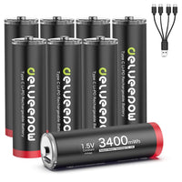 1 x RAW Customer Returns Delyeepow USB-C AA Batteries Lithium Rechargeable, 1.5V 3400mWh USB Rechargeable AA Batteries with 4-in-1 USB-C Charging Cable, 1 Hour Quick Charge, 1500 Cycle, 8 Pack - RRP €38.99