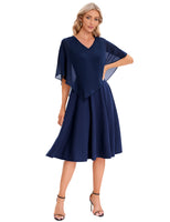 1 x RAW Customer Returns DRESSTELLS Women Plus Size Bridesmaid Dresses Chiffon Cape Elegant Cocktail Dress Wedding Evening Dress V-Neck Knee Length A-Line Summer Dress Navy 2XL - RRP €52.99