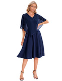 1 x RAW Customer Returns DRESSTELLS Women Plus Size Bridesmaid Dresses Chiffon Cape Elegant Cocktail Dress Wedding Evening Dress V-Neck Knee Length A-Line Summer Dress Navy 2XL - RRP €52.99