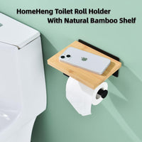 1 x RAW Customer Returns HomeHeng toilet paper holder with natural bamboo shelf toilet paper holder stainless steel no drilling toilet roll holder self-adhesive or wall-mounted, matt black H98903MB - RRP €23.99