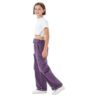 1 x RAW Customer Returns Rolanko Baggy Cargo Pants for Girls, Elastic Waist with Multiple Pockets Wide Leg Cargo Pants for Kids, Purple, 13-15 Years,170 - RRP €33.24