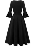 1 x RAW Customer Returns Homrain Women s 50s Dresses Midi Round Neck Formal Dress Vintage Wedding Dress with Belt Black L - RRP €43.99