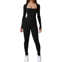 1 x RAW Customer Returns Jetjoy Women s Sports Jumpsuit Long Yoga Long Sleeve Bodycon One-Piece Full Body Suit Stretch Elegant Jumpsuit Tight Square Neckline Ribbed Workout Overall Trouser Suit, Long Sleeve Black, L - RRP €37.3