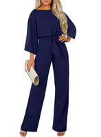 1 x RAW Customer Returns Dokotoo Women s 3 4 Sleeve Long Jumpsuit Elegant Overall Jumpsuit O-Neck Playsuit Backless Sexy Trousers with Belt Blue M - RRP €50.41