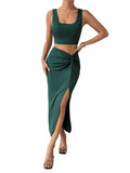 1 x RAW Customer Returns GORGLITTER summer two-piece set women s leisure suit with tank top and skirt 2-piece outfitwear skirt holiday top midi skirt set with slit dark green L - RRP €31.99