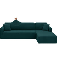 1 x RAW Customer Returns CHELZEN Elastic Peninsula Sofa Cover, 2-Piece Couch Cover Left Right Corner, Chaise Longue Sofa Throws with Two Pillowcases, L Shape Peninsula Sofa Covers 2 Seater 3 Seater, Black Green  - RRP €57.99