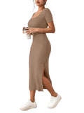 1 x RAW Customer Returns GORGLITTER Bodycon Dress with Slit Women s Dresses Short Sleeve Summer Midi Dress Pencil Dress Casual Dress T-Shirt Dress Khaki L - RRP €34.99