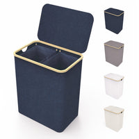 1 x RAW Customer Returns Lonbet - Blue Laundry Basket with Double Lid and Removable Bags - XXL 150L - Bamboo Laundry Basket, Extra Large with 2 Compartments - RRP €47.99